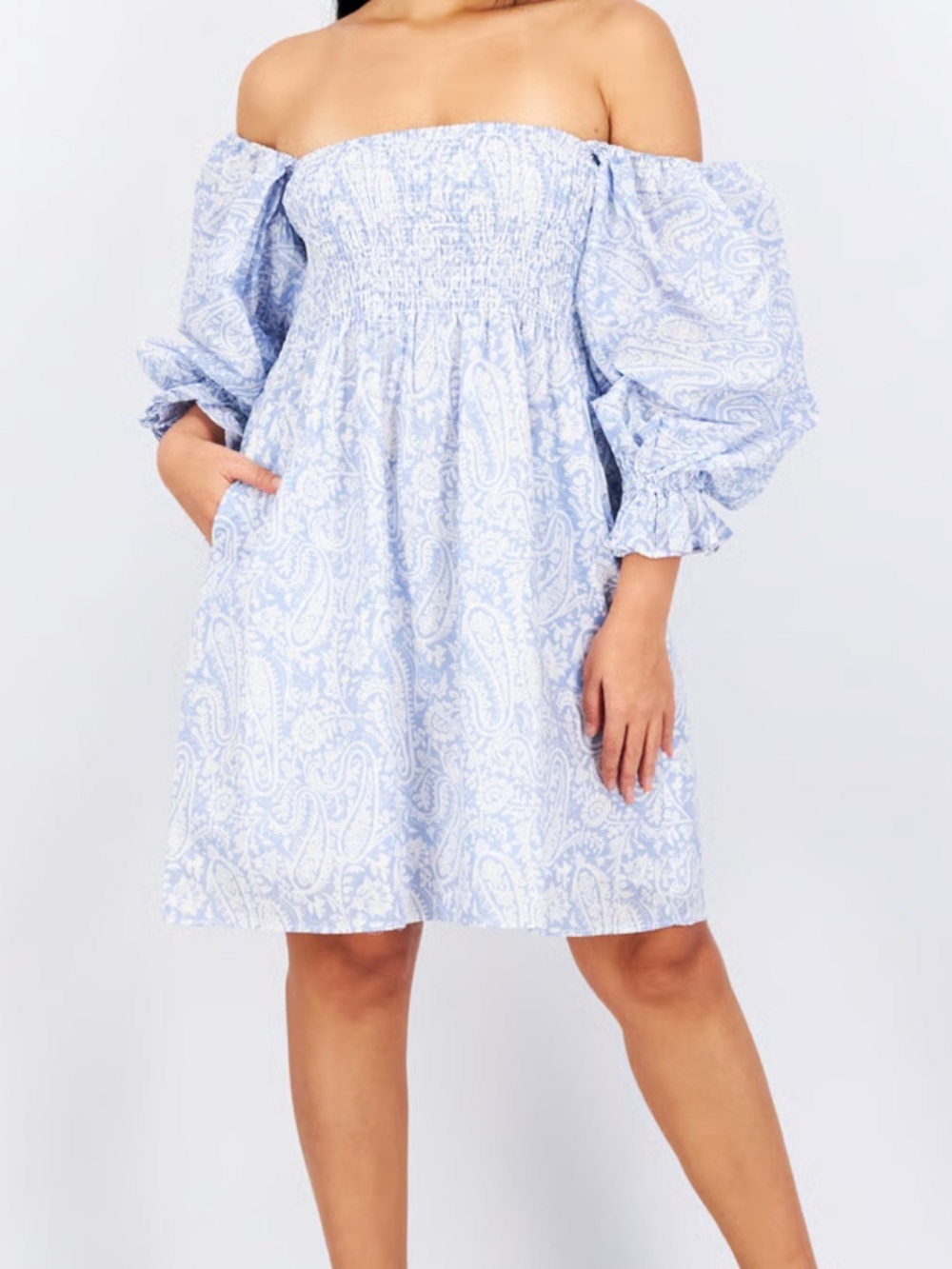 Kourt Blue & White Smocked Paisley Puff Sleeve Mini Dress Size Medium Romantic